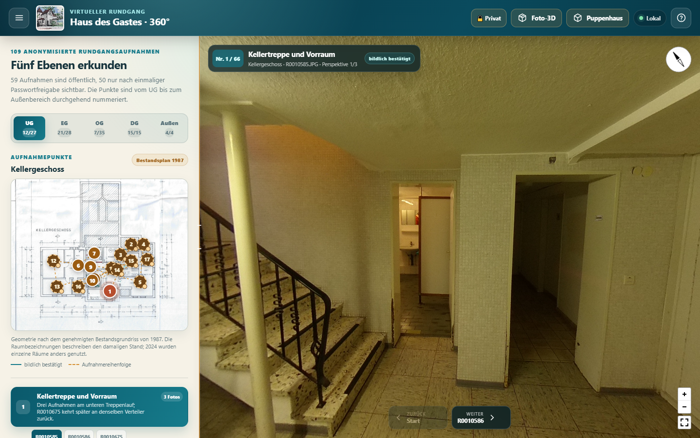 360-Grad-Rundgang mit Bestandsgrundriss, Aufnahmepunkten und Innenansicht des Kellergeschosses