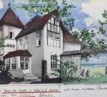 Aquarellansicht des Hauses des Gastes, das Logo des 3D-Rundgangs